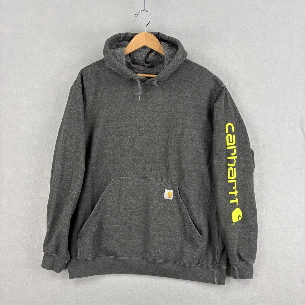 Carhartt Hoodie Mens Large Gray Loose Fit Fleece Pullover Sleeve Logo Workwear